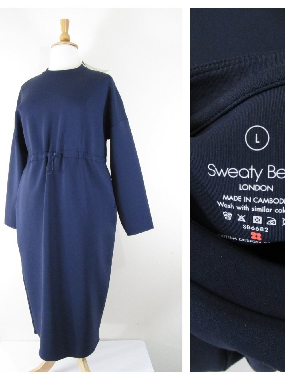 Sweaty Betty London Solid Navy Blue Grace Long Sleeve Midi Sheath Dress L